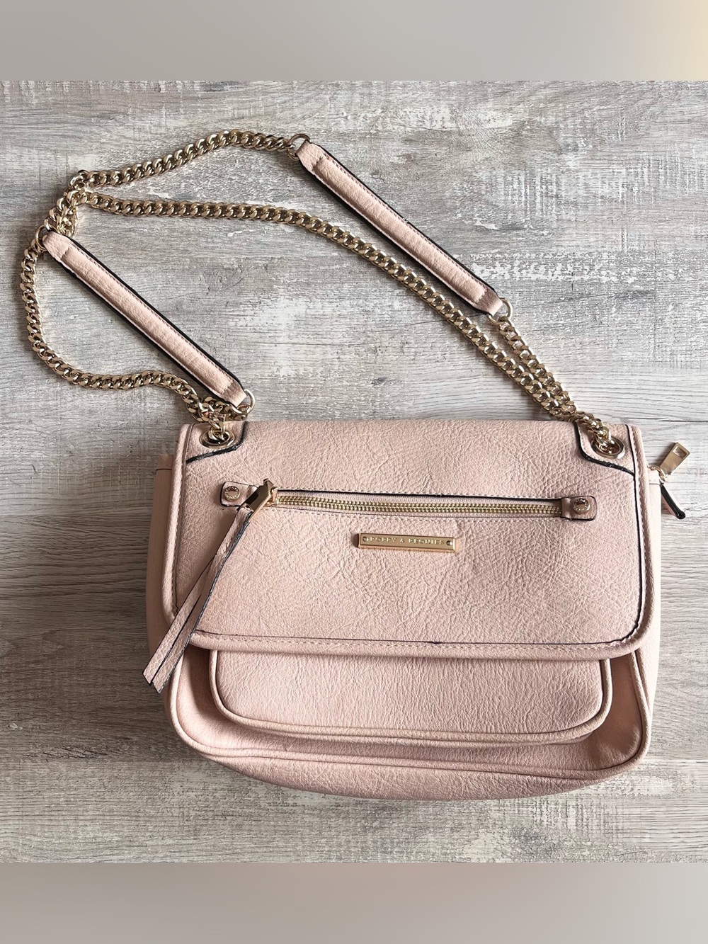 Poppy & Peonies Beige Pink Vegan Leather Flap Shoulder Bag Gold Chain Strap